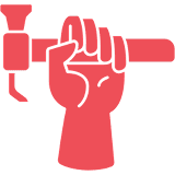 Red hand gripping a tool