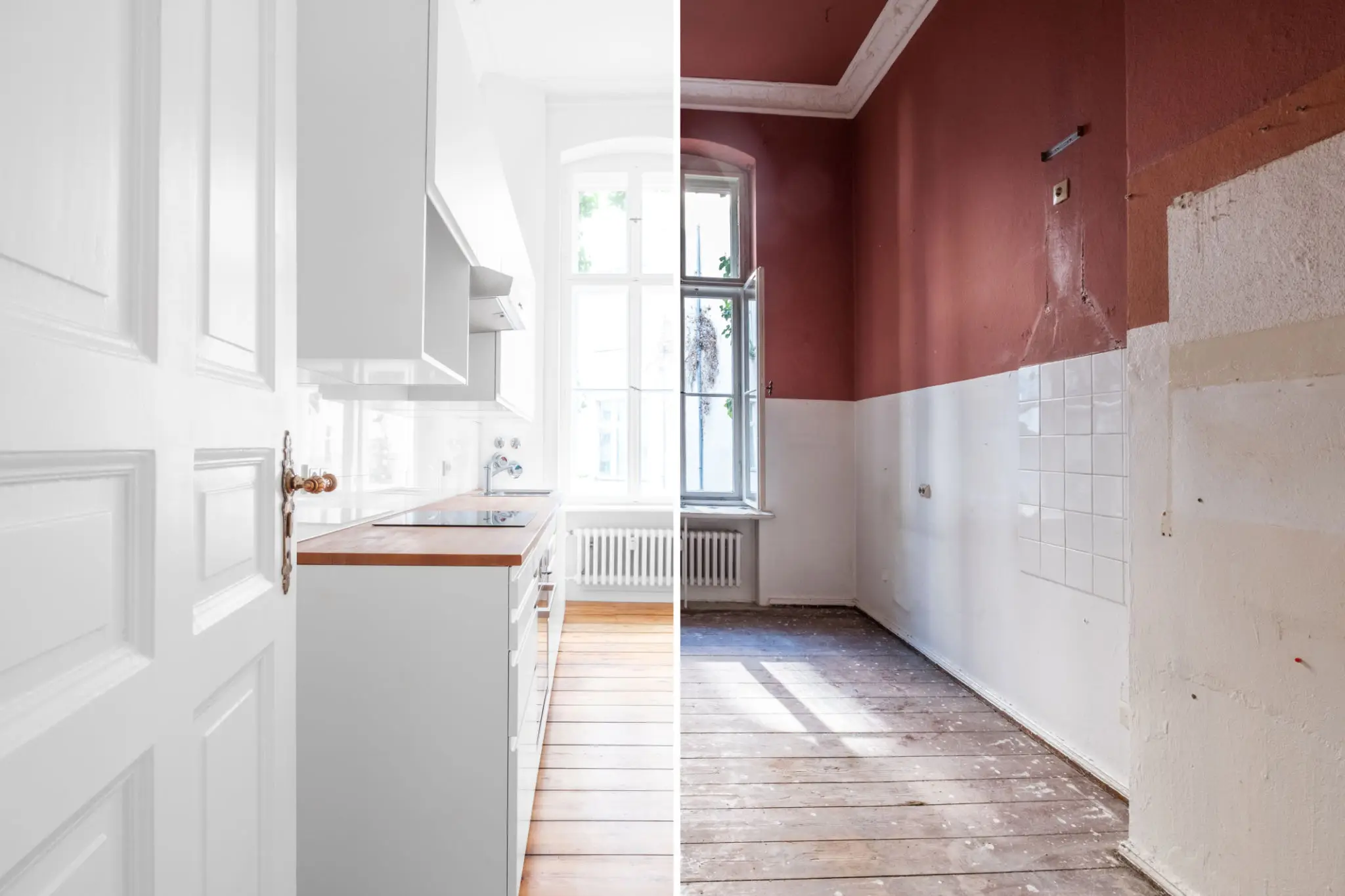 Renovated and unrenovated kitchen comparison.