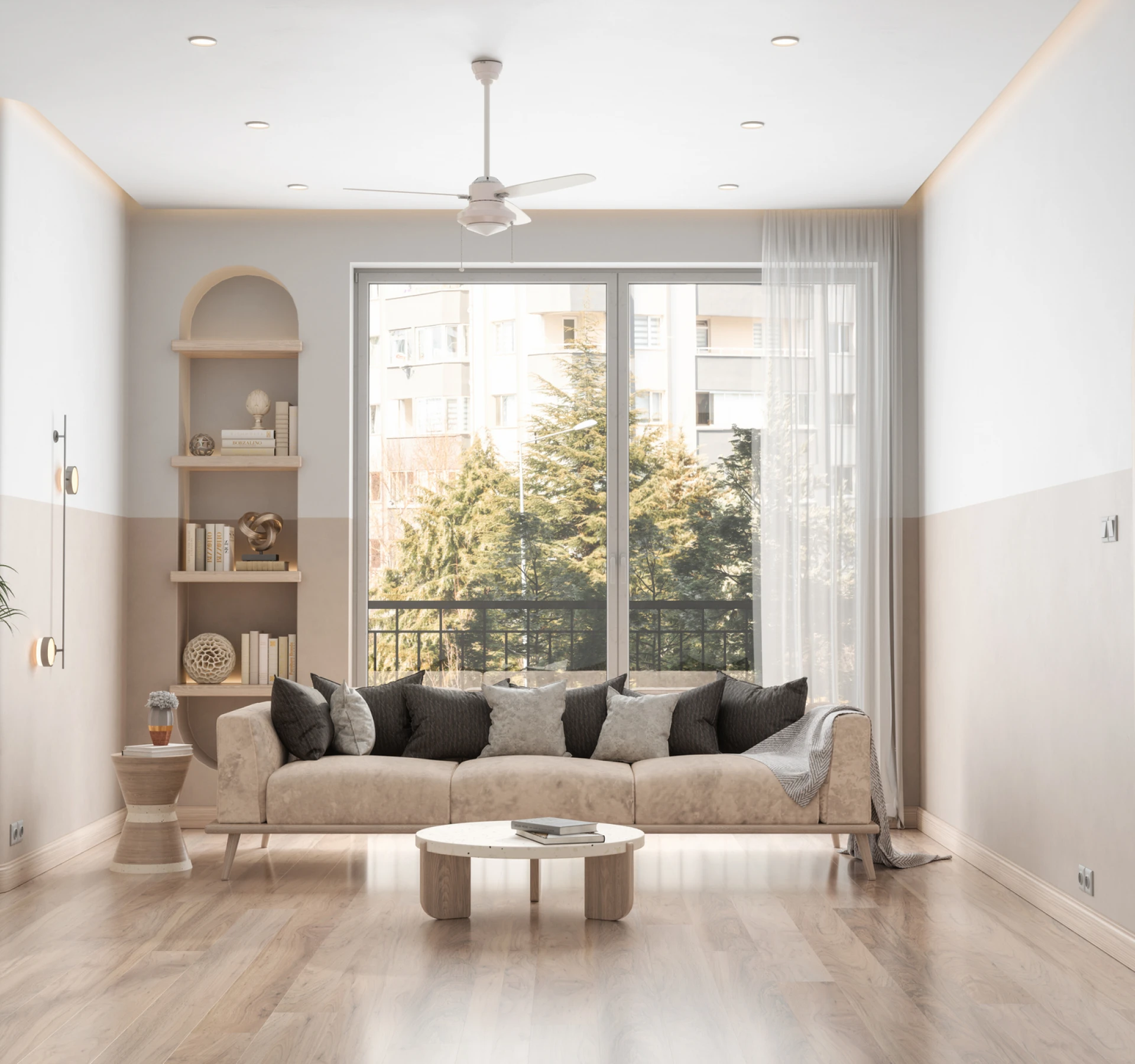 Modern living room with beige sofa